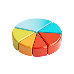 Obraz premium A vibrant 3D pie chart segmented into five colorful sections light blue, teal, yellow, orange, and red. Each section is distinct and visually appealing