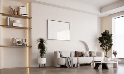 Scandinavian Minimalist Living Room Interior with Sofa and Blank Frame Mockup