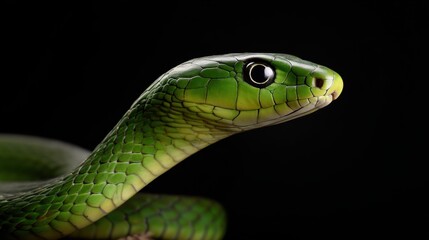 Close-Up of a Green Snake with Striking Scales on Black Background
