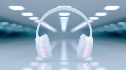 Modern headphones illuminated in stylish room setting sleek headphones placed within well lit interior room