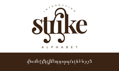 Strike decorative alphabet font combining bold strokes and ornamental swirls, great for branding, poster titles, and creative typography
