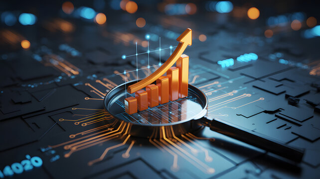 Orange graph with arrow under magnifying glass on circuit