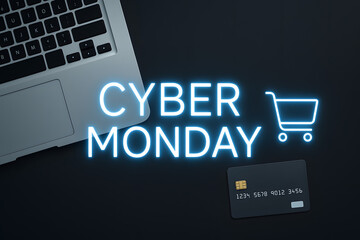 Cyber Monday Neon Text With Shopping Cart And Laptop Keyboard