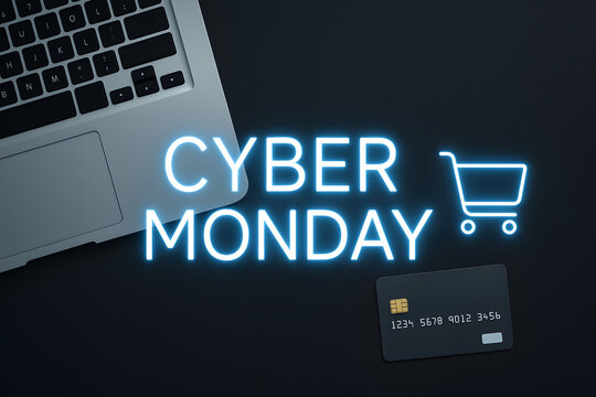 Cyber Monday Neon Text With Shopping Cart And Laptop Keyboard