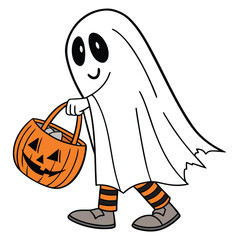 A cartoon character in a white ghost sheet with black oval eyes and a smiling mouth holds an orange jack-o'-lantern candy bucket, wearing orange-and-black striped leggings and gray shoes.