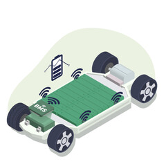 Illustration of electric Vehicle Internal Structure Featuring Wireless BMS . Smart Battery Layout in Electric Vehicle &ndash; Wireless BMS Infographic.