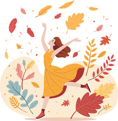 Vector illustration of a carefree young woman dancing among colorful autumn leaves. Creative seasonal design with falling foliage, flat modern style, perfect for posters, invitations