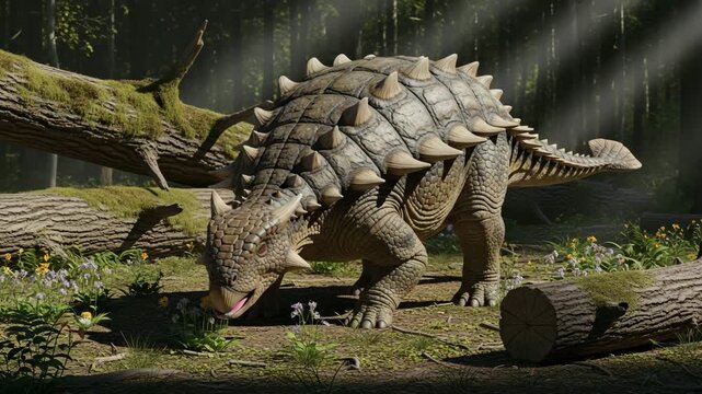 Armored Ankylosaurus in Prehistoric Forest, Sunbeams Highlighting Detailed Spiked Armor and Lush Vegetation, Hyper-Realistic Dinosaur Wildlife Scene, 8K Ultra HD