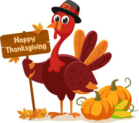 Turkey bird stands next to a pumpkin with corn and holds a wooden sign on a white background. Happy Thanksgiving