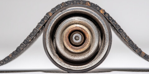 Close up of machine belt slipping on pulley, showing rust and wear, highlights industrial machinery maintenance. image captures texture and detail of metal components