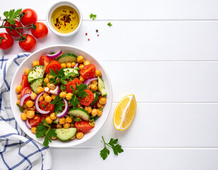 ensalada mediterránea con tomates cherry, aceitunas negras, pepino, cebolla roja y queso feta, ingredientes frescos para estilo de vida saludable y promoción de cocina mediterránea, en fondo blanco