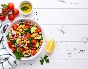 ensalada mediterránea con tomates cherry, aceitunas negras, pepino, cebolla roja y queso feta, ingredientes frescos para estilo de vida saludable y promoción de cocina mediterránea, en fondo blanco