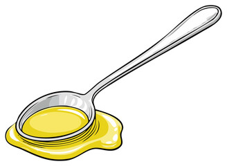 A shiny metal spoon overflowing with bright yellow liquid or honey