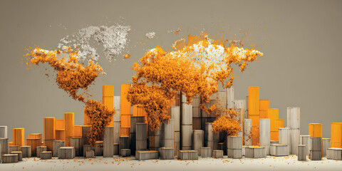 Creative representation of global economic trends using abstract orange and white blocks forms world map, symbolizing trade and politics
