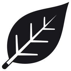Simple black stylized plant leaf with visible white stem and branching vein pattern