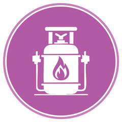 White gas cylinder icon with flame inside circle on purple background