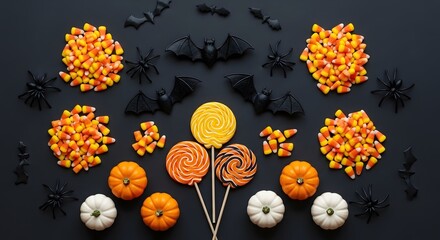 Halloween Candy and Decorations Flat Lay.