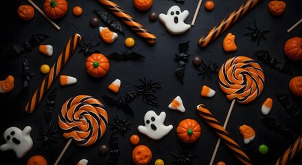 Halloween candy assortment on black background festive treats.