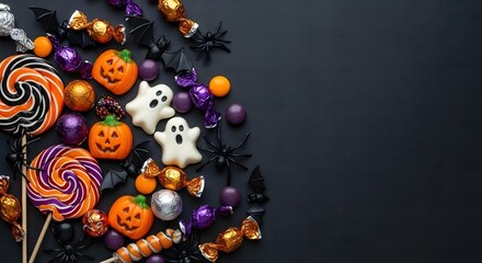 Halloween candy assortment flat lay with lollipops ghosts and pumpkins on a black background.