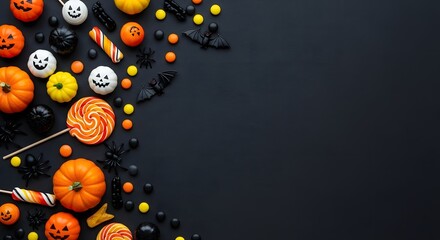 Halloween candy and spooky decorations flat lay on black background.