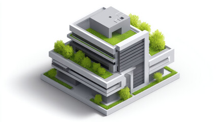 Rooftop Garden, A minimalist 3D isometric icon of a single, modern building with a lush green rooftop garden. Neutral grey tones for the building, with a pop of green. 