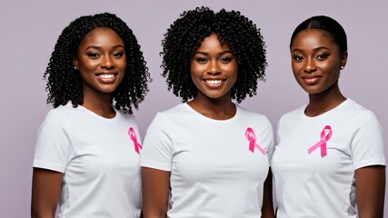 Three smiling women wearing pink ribbons to support breast cancer awareness.