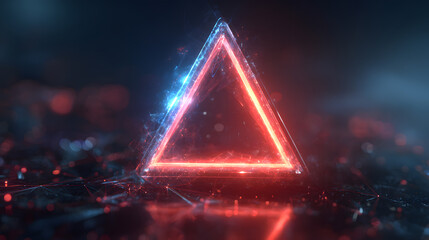 Urgent alert glowing neon warning triangle signifies digital danger or system failure in abstract futuristic data stream