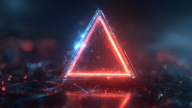 Urgent alert glowing neon warning triangle signifies digital danger or system failure in abstract futuristic data stream