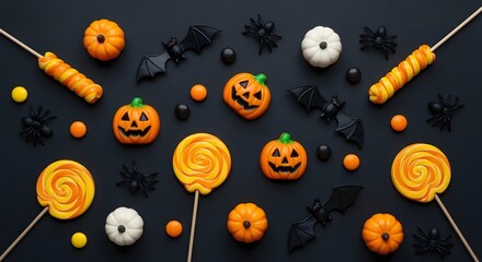 Halloween Candy and Spooky Decorations Flat Lay on Dark Background.