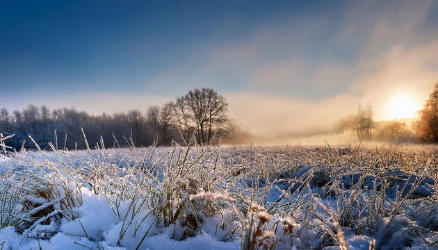 Snow Covers Grass As Winter Arrives On Quiet Morning In Rural Landscape