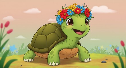 Naklejka premium Cute cartoon turtle wearing a flower crown in a meadow.