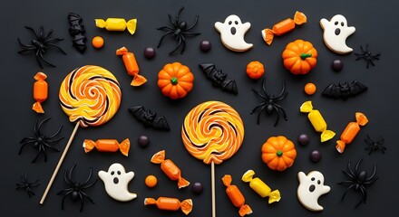 Halloween Candy and Decorations Flat Lay.