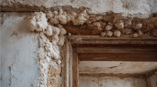 A High Resolution image of saltpeter on the wall and door frame of an old abandoned building.