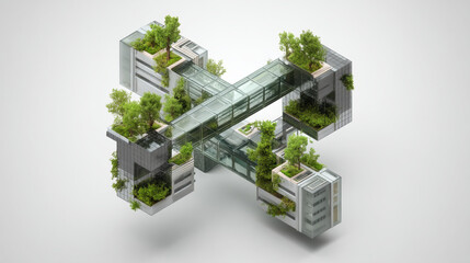 Skywalks, A minimalist 3D isometric icon of several abstract city buildings connected by clean, glass skywalks with small trees. Neutral grey and green tones.