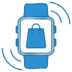 Obraz premium Hand drawn smartwatch with online shopping app icon. E commerce and wearable technology concept.