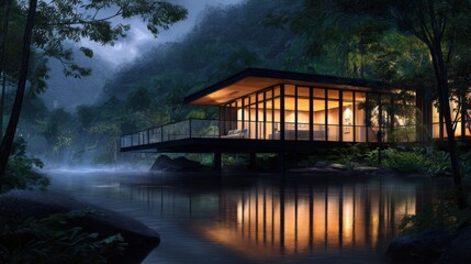 Fototapeta premium Modern glass house on stilts surrounded by lush greenery and a serene water reflection at dusk