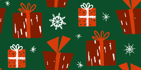 Christmas Gift Boxes and Snowflakes on Green Backdrop Pattern