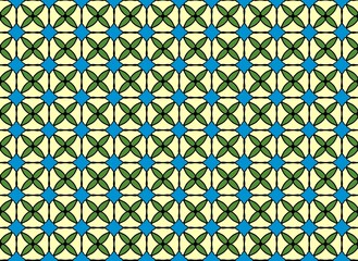 blue diamond green grid strip on yellow background, seamless geometric, geometric pattern. Geometric grid texture with blue turbine plus cross grid sign. Chic mosaic block, square