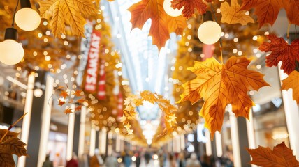 Naklejka premium Warm Autumnal Decorations: Hanging Maple Leaves and Glowing Lights Adorn a Modern Indoor Space, Creating a Festive Fall Atmosphere
