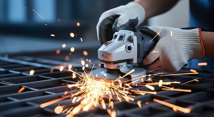 Sparks fly as a skilled metalworker expertly uses an angle grinder, shaping steel with precision and power in a dynamic industrial scene