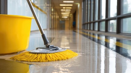 A High Resolution image of yellow mop cleaning a shiny floor in a hallway, maintenance service.