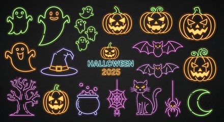 halloween 2025 neon icons spooky ghosts pumpkins bats cat spider and a witchs hat for a festive halloween celebration concept