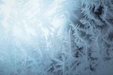 Intricate ice crystal patterns on frosted winter window surface
