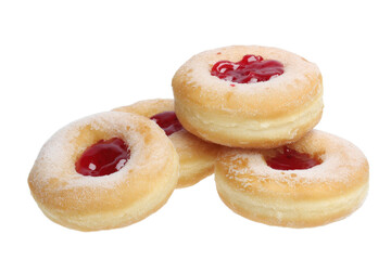 Pile of sugar-dusted jelly donuts with raspberry filling