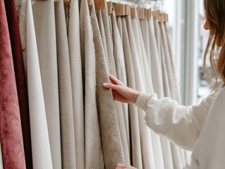 Close-up of a designer examining fabric samples for furniture. Creative workspace with textures, colors, and swatches, focused on interior design and material selection