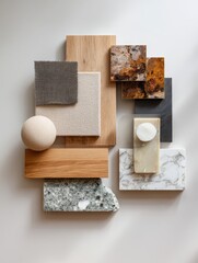 Overhead view of an interior designer’s mood board in natural shades. Minimalist style with fabric samples, wooden textures, and color swatches for creative projects.