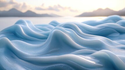 Obraz premium Glossy, blue wave-like texture with a serene mountain vista backdrop