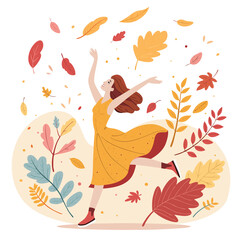 Illustration of a carefree young woman dancing among colorful autumn leaves. Creative seasonal design with falling foliage, flat modern style, perfect for posters, invitations