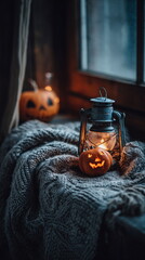 Lantern and glowing jack-o’-lantern on a knitted blanket evoke a cozy Halloween night with warm candlelight and autumn ambiance.