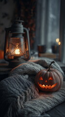 Lantern and glowing jack-o’-lantern on a knitted blanket evoke a cozy Halloween night with warm candlelight and autumn ambiance.